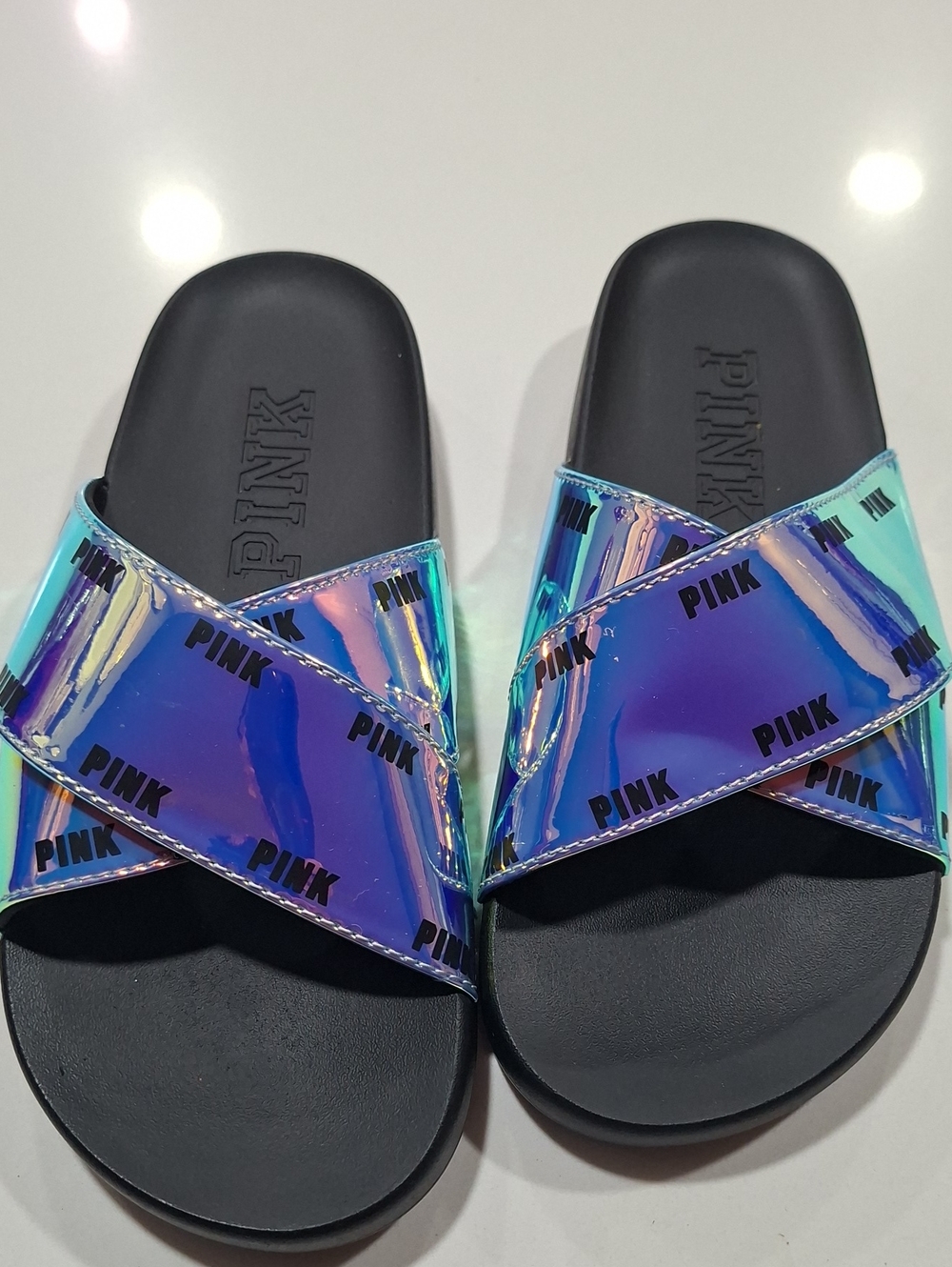 NEW PINK Victoria's Secret Holographic Blue-Purple Crossband Slide Sandals